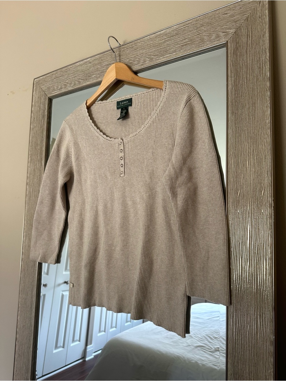 Ralph Lauren 100% Cotton Taupe Ribbed Top 3/4 Sleeve Scalloped Trim Size Large